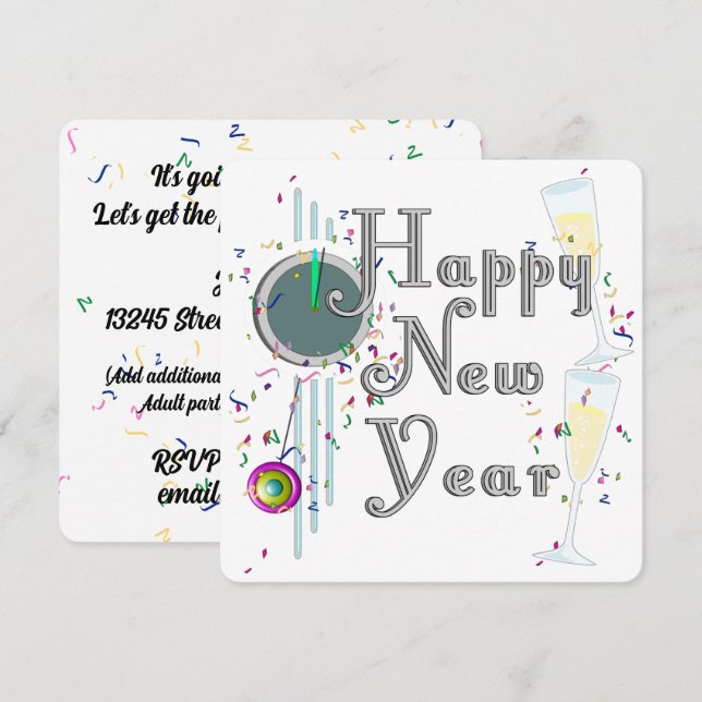 Invitación HAPPY NEW YEAR! Champagne Countdown (Anverso / Reverso)