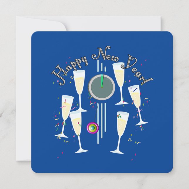 Invitación Happy New Year - Champagne Glasses and Clock (Anverso)
