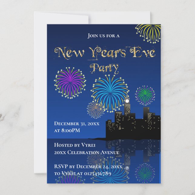 Invitación Happy New Year’s Eve Midnight Fireworks City Light (Anverso)