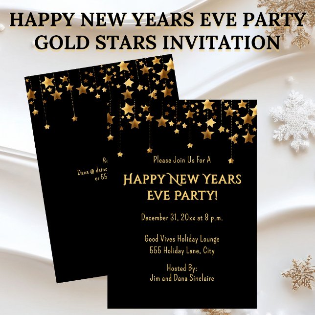 Invitación Happy New Years Eve Party Gold Stars (Happy New Years Eve Party Invitation Gold Stars on Black)