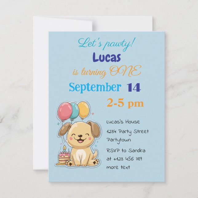 Invitación Happy Puppy, Boy, Let's Pawty, 1st Birthday  (Anverso)