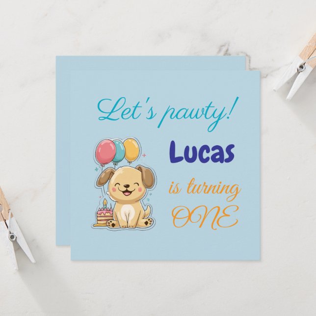 Invitación Happy Puppy, Boy, Let's Pawty, 1st Birthday Card (Anverso/Reverso In Situ)