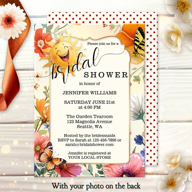 Invitación Happy Retro Wildflower Watercolor Bridal Shower (Bridal shower photo invitation featuring watercolor wildflowers and a happy laughing sun)