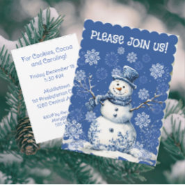 Invitación Happy Snowman Snowflakes Blue White Chinoiserie 
