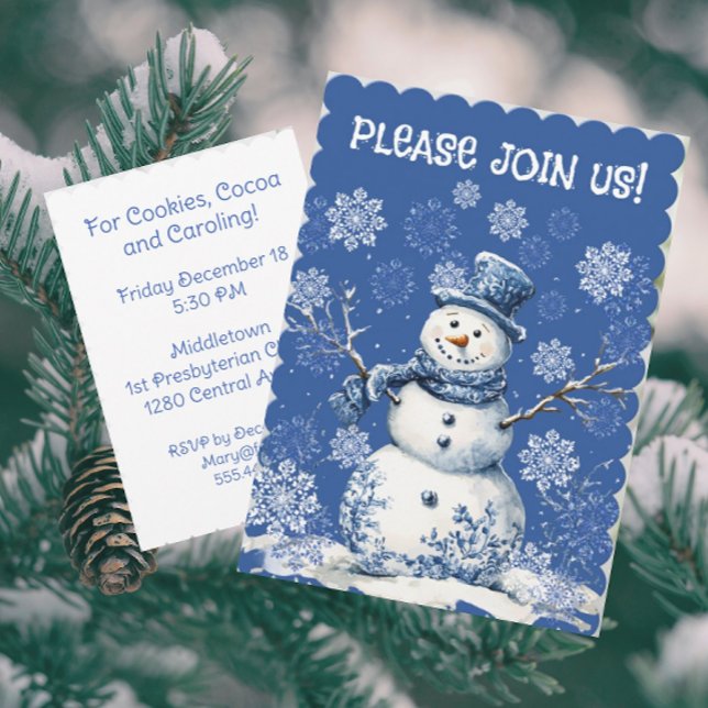 Invitación Happy Snowman Snowflakes Blue White Chinoiserie  (Customize this invitation with your own information!)