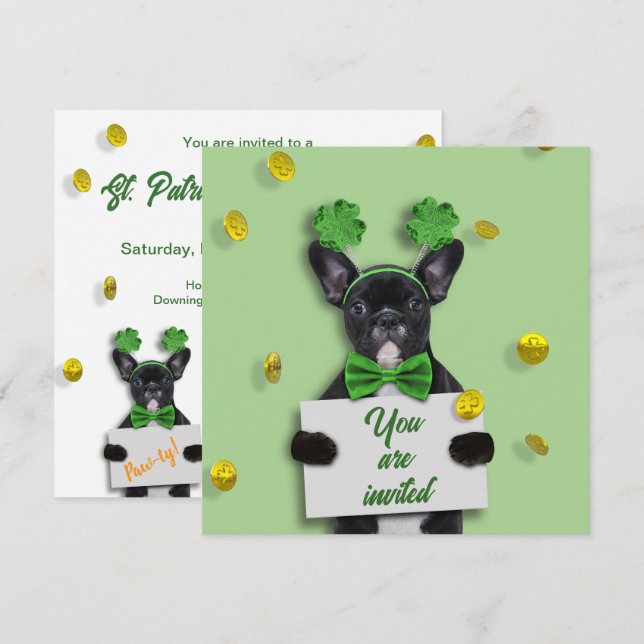 Invitación Happy St. Patrick’s Day Clover Cute French Bulldog (Anverso / Reverso)
