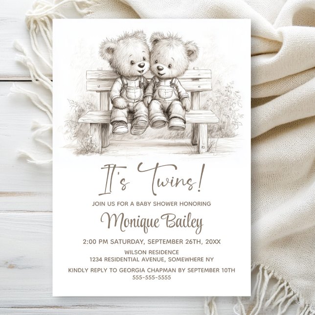 Invitación Happy Teddy Bear Twins Baby Shower (Subido por el creador)