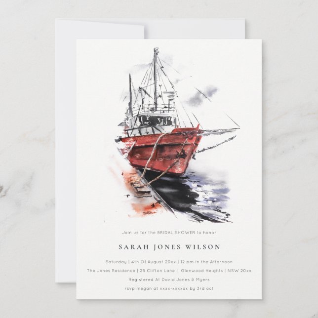 Invitación Harbour Yacht Sailboat Watercolor Bridal Shower (Anverso)