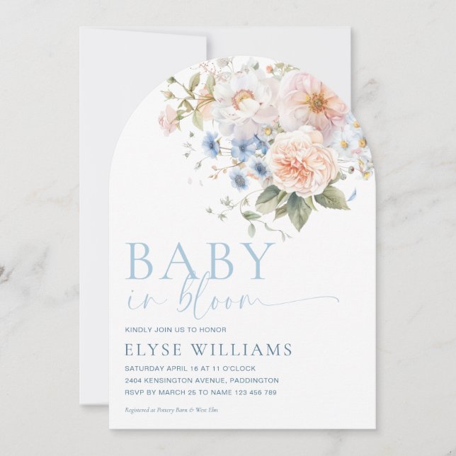 Invitación Hargrove Blue Floral Baby En Bloom Baby Shower (Anverso)