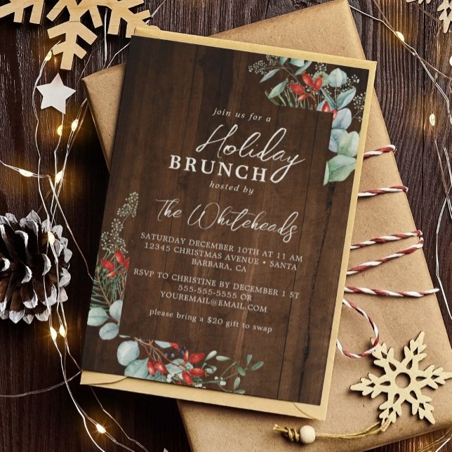 Invitación Harina de agua de brunch de vacaciones rusticas Ho (Invite family and friends to your holiday brunch with this rustic watercolor holly greenery invite.)