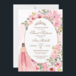 Invitación Harina de agua Rubor Dulce Floral Rosa 16 Cumpleañ<br><div class="desc">Flores color agua rosa Rubor y un chica con un hermoso vestido a juego. Consulte la tienda para ver esta invitación con chicas de diferentes colores de cabello y tonos de piel y más variaciones.</div>