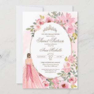 Invitación Harina de agua Rubor Dulce Floral Rosa 16 Cumpleañ