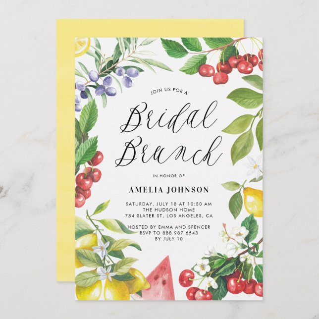 Invitación Harina de verano Frutos Brunéi de novia floral (Anverso / Reverso)