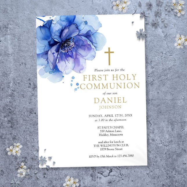 Invitación Harina Floral Dusty Azul Primera Santa Comunión (Watercolor Floral Dusty Blue First Holy Communion Invitation)