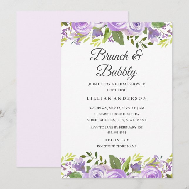 Invitación Harina Floral Morado Brunéi De Novias Y Bubbly (Anverso / Reverso)