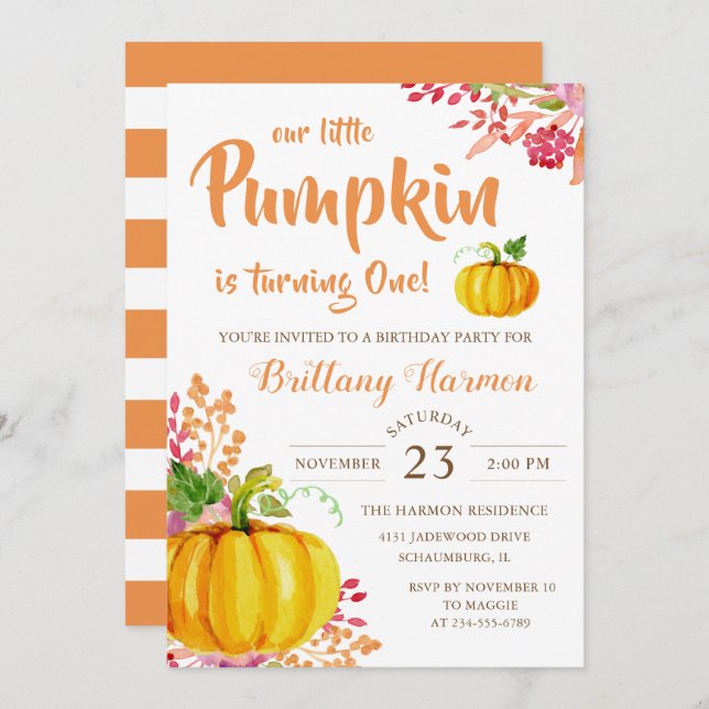 Invitación Harina Floral Pequeña Calabaza Chica Cumpleaños (Anverso / Reverso)