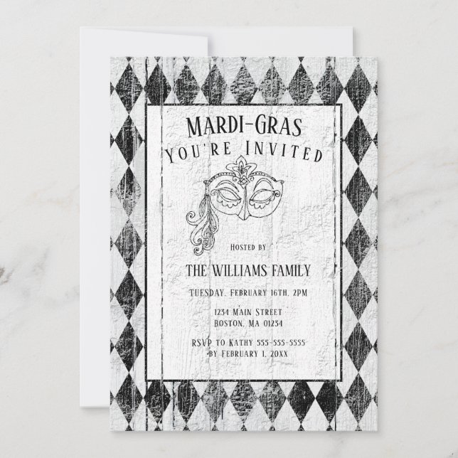 Invitación Harlequin máscaras máscaras blancas mardi galas (Anverso)