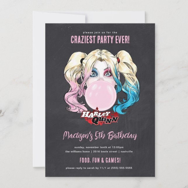 Invitación Harley Quinn Chicas Chalkboard Cumpleaños (Anverso)