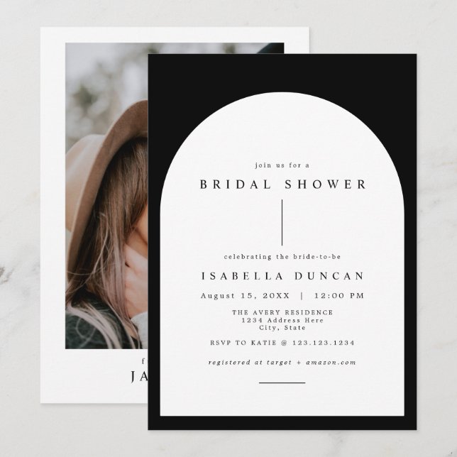 Invitación HARPER Boho Ducha de novia con arcos blancos y neg (Anverso / Reverso)