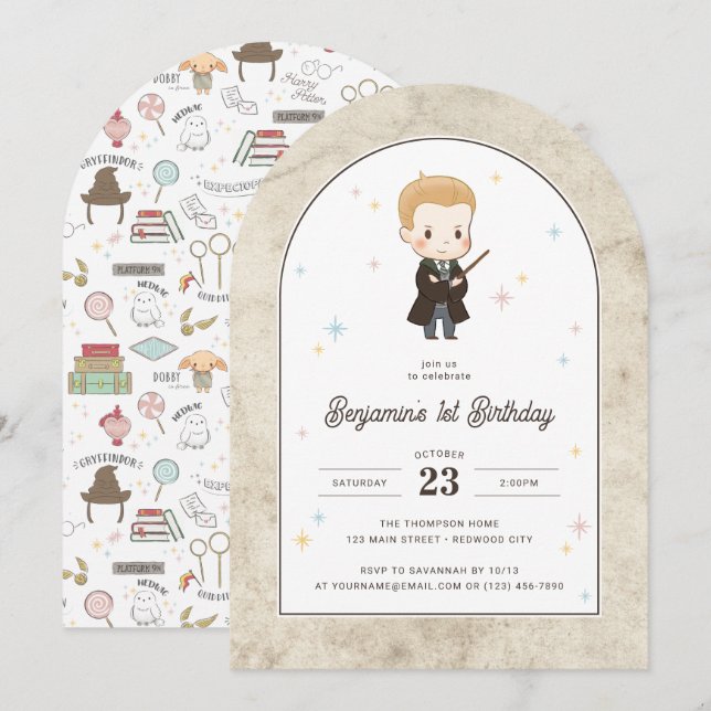 Invitación Harry Potter | Chibi Draco Malfoy Mago Cumpleaños (Anverso / Reverso)