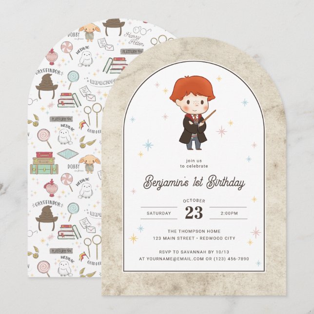 Invitación Harry Potter | Chibi Ron Weasley Mago Cumpleaños (Anverso / Reverso)