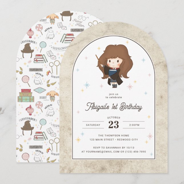 Invitación Harry Potter | ChibiHermione Wizard Cumpleaños (Anverso / Reverso)