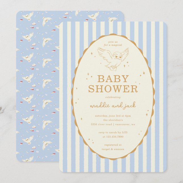 Invitación Harry Potter Hedwig Blue Stripe Baby Shower (Anverso / Reverso)