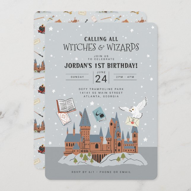 Invitación Harry Potter | Primer cumpleaños del castillo de H (Anverso / Reverso)