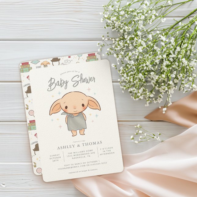 Invitación Harry Potter simple - Dobby Baby Shower (Card on table)