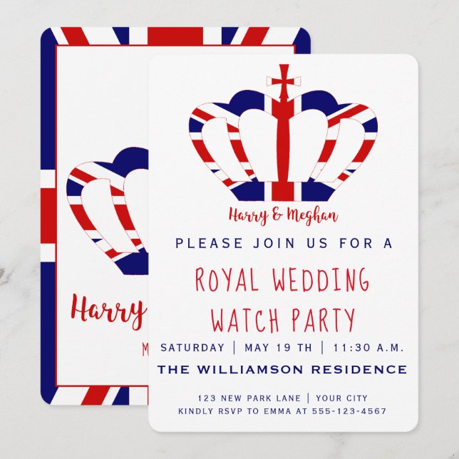 Invitación Harry y Meghan Crown | Fiesta Real Boda Watch (Anverso / Reverso)