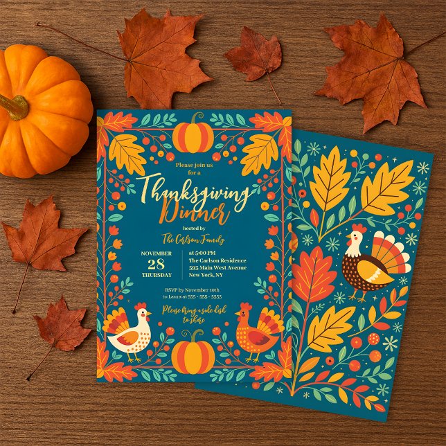 Invitación Harvest Turkey Folk Art Autumn deja el día de Acci (Subido por el creador)