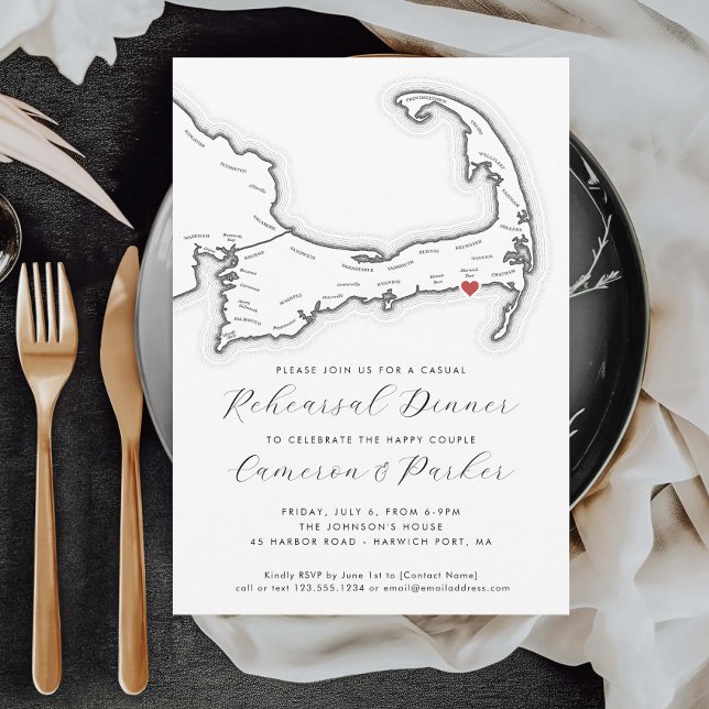 Invitación Harwich Port MAMÁES Casual Boda Ensayo Cena (Harwich Port MA Casual Wedding Rehearsal Dinner Invitation with Black and White Cape Cod Map)