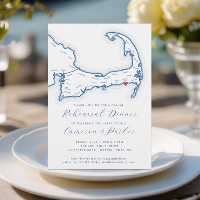 Invitación Harwich Port MAMÁES Casual Boda Ensayo Cena (Harwich Port MA Casual Cape Cod Wedding Rehearsal Dinner Invitation in Blue - Coastal Map Designs)