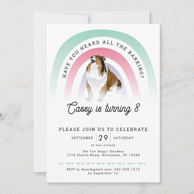 Invitación ¿Has oído, cumpleaños arcoiris y perro? (Anverso)