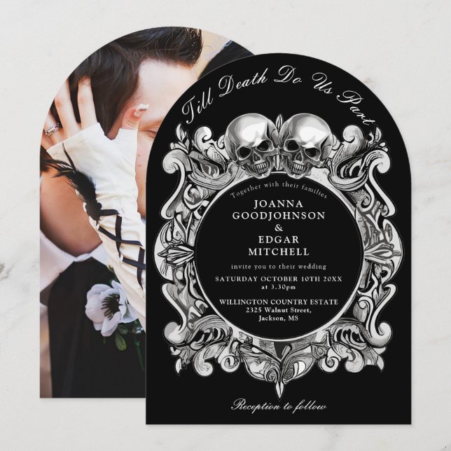 Invitación Hasta la muerte Boda arcaico de la foto de cráneos (Anverso / Reverso)