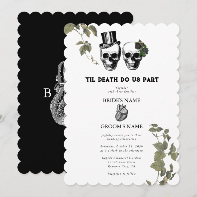 Invitación Hasta la muerte Boda de cráneos florales góticos e (Anverso / Reverso)