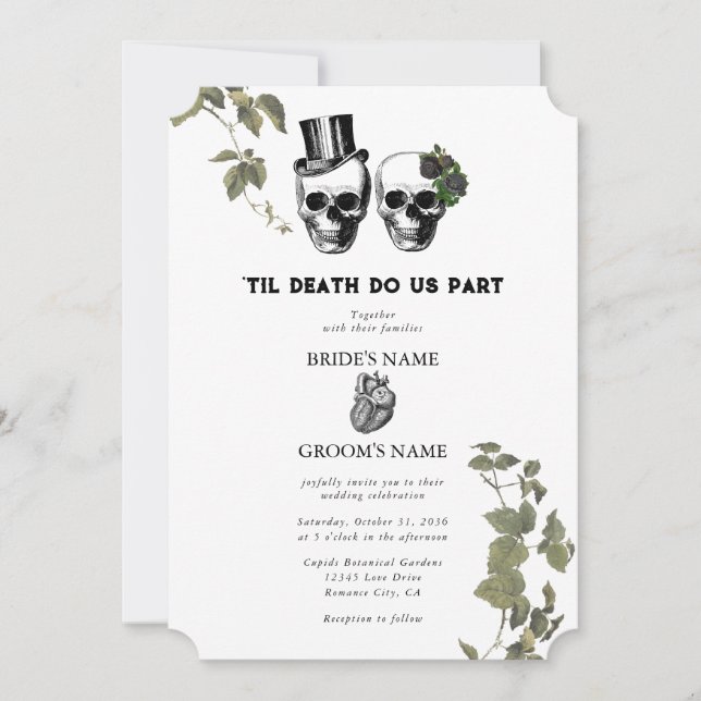 Invitación Hasta la muerte Boda de cráneos florales góticos e (Anverso)