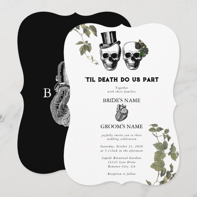 Invitación Hasta la muerte Boda de cráneos florales góticos e (Anverso / Reverso)