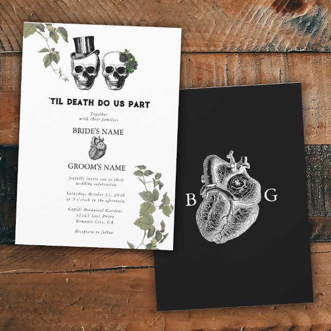 Invitación Hasta la muerte Boda de cráneos florales góticos e (Til Death Gothic Heart Floral Skulls Wedding Invitation)