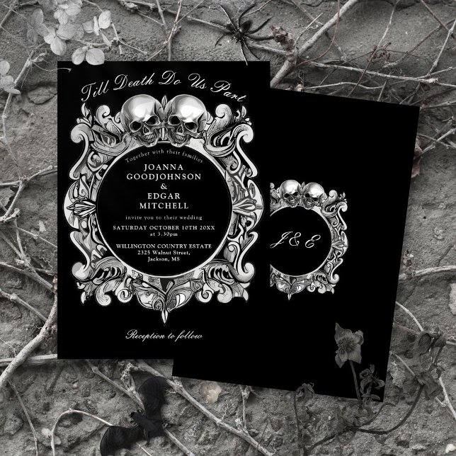 Invitación Hasta la muerte Boda en monograma de cráneos gótic (Till Death Gothic Skulls Monogram Wedding Invitation)