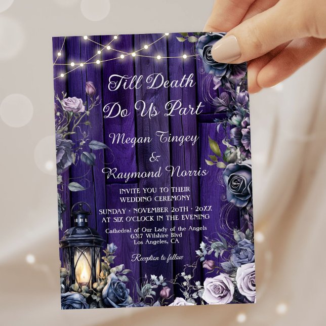 Invitación Hasta la muerte | Boda gótico Rustic Purple Wood (Subido por el creador)