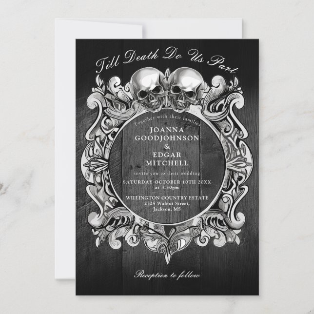 Invitación Hasta la muerte Calaveras góticas Boda de madera n (Anverso)
