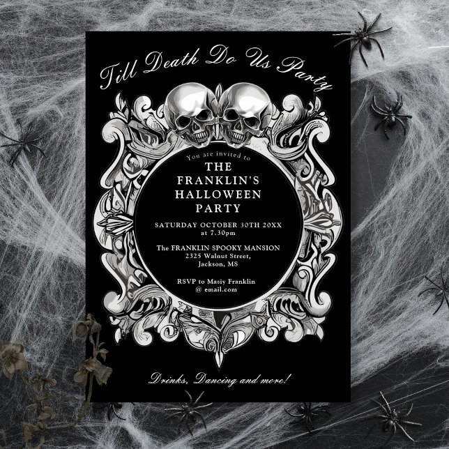 Invitación Hasta la muerte Calaveras góticas Fiesta de Hallow (Till Death Gothic Skulls Adult Halloween Party Invitation)