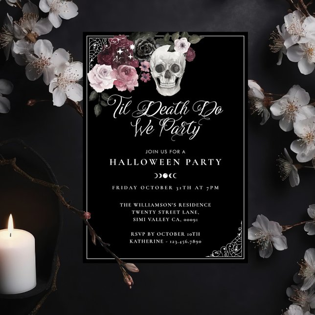 Invitación Hasta la muerte de los niños, Fiesta Halloween con (Til Death Do We Party Gothic Skull Halloween Invitation)