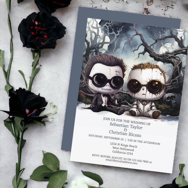 Invitación Hasta la muerte hacemos la segunda parte de Grooms (Till death us do part Two Grooms Invitations from Ricaso
Two groom spooky dolls in haunted forest)