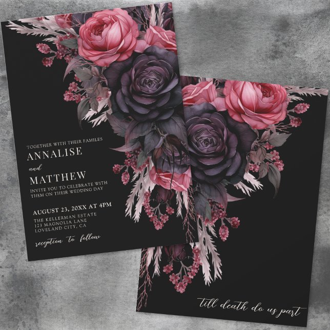 Invitación Hasta La Muerte, Nos Compromete Un Boda Gótico De  (Till Death Do Us Part Gothic Black Floral Wedding Invitation)