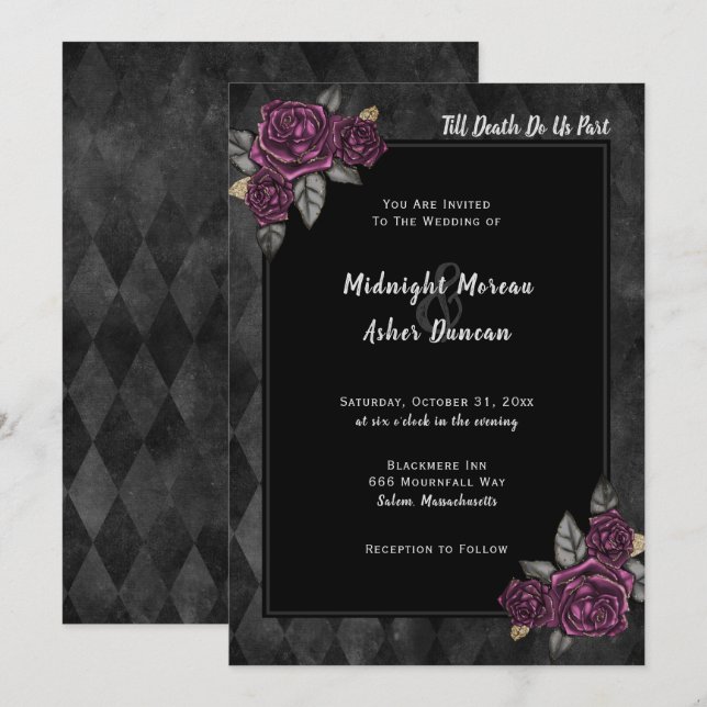 Invitación Hasta la muerte nos hace un Rosa gótico Boda negro (Anverso / Reverso)