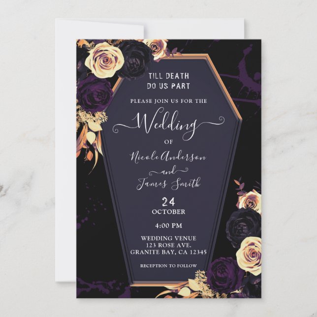 Invitación Hasta La Muerte Nos Hacen Boda Gótico Purple Coffi (Anverso)