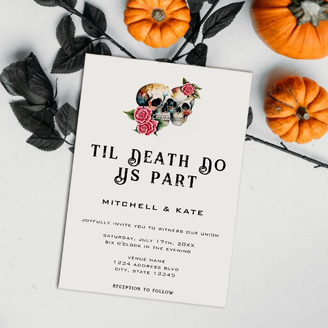 Invitación Hasta la muerte nos separan calaveras y Rosas Boda (Til Death Do Us Part Skulls & Roses White Wedding Invitation)