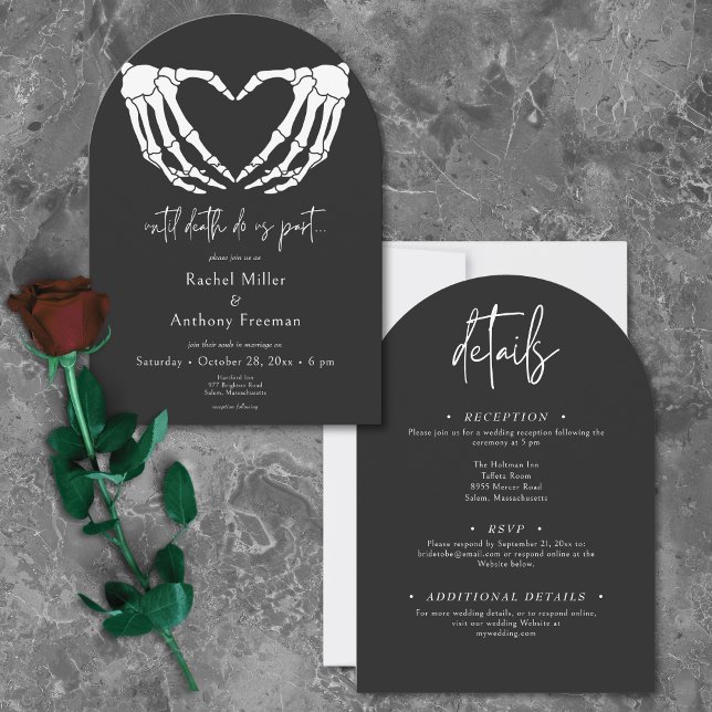 Invitación Hasta la muerte Skeleton manos Arch Boda de dos la (Until Death Skeleton Hands Arch Wedding Two Sided Invitation)
